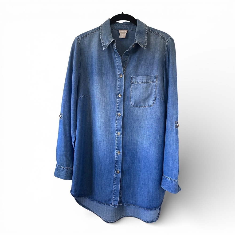 !! SOLD !! Chico's Tencel Chambray Shirt Roll Tab Tunic Lyocell Denim Top Size S